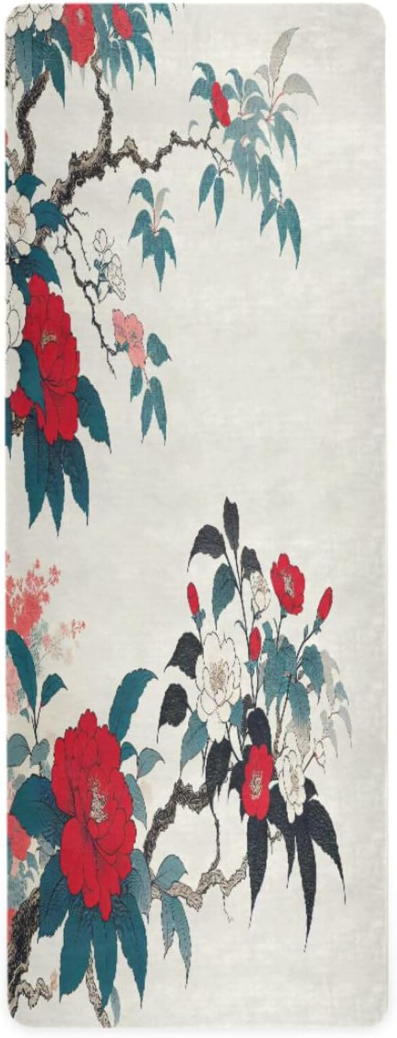 Traditional Chinese Peony Yoga Mat – Non-Slip Foldable Exercise Mat with Oriental Floral Design, Extra Cushion for Comfort