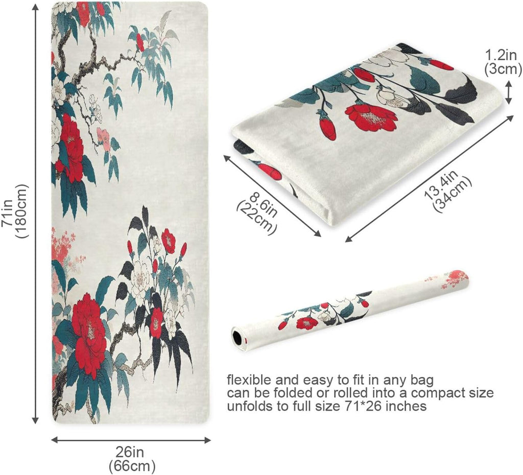 Traditional Chinese Peony Yoga Mat – Non-Slip Foldable Exercise Mat with Oriental Floral Design, Extra Cushion for Comfort