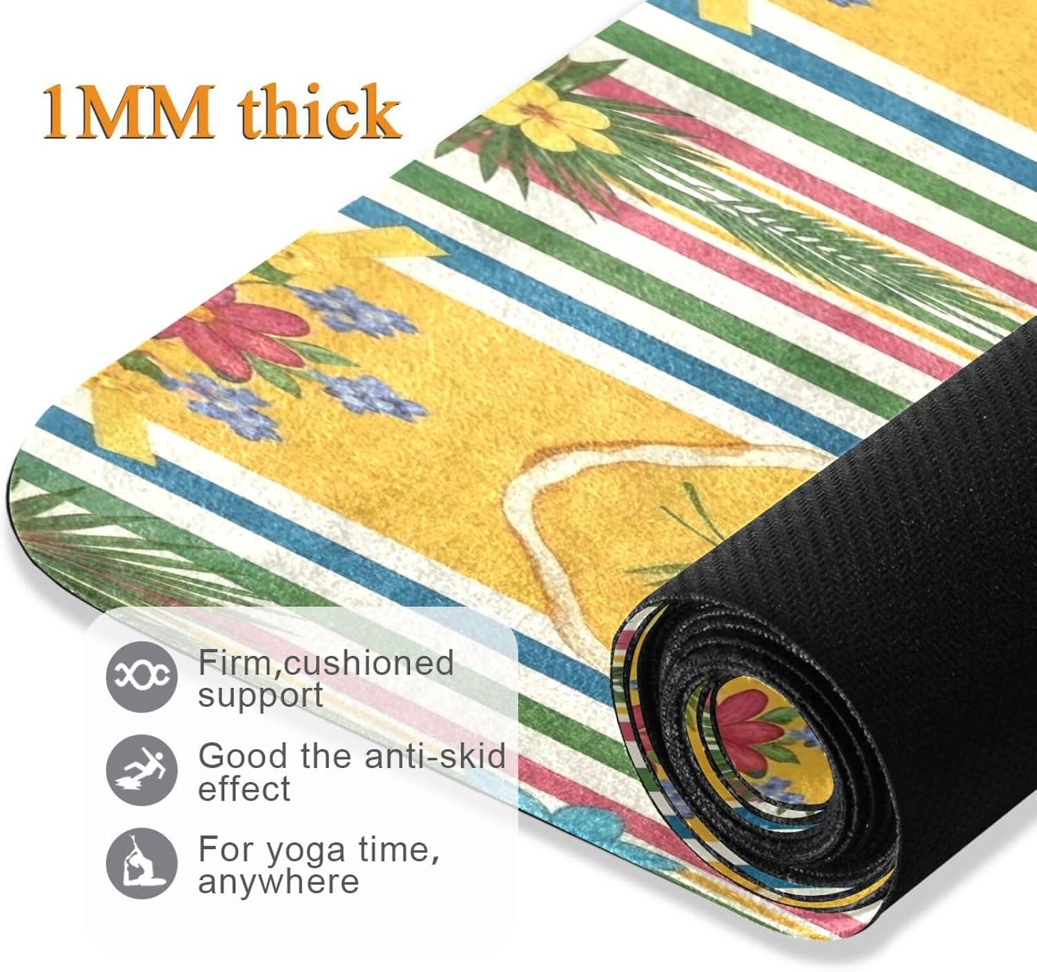 Foldable Yoga Mat | Portable Non-Slip Travel Exercise Mat with Colorful Floral & Stripe Design