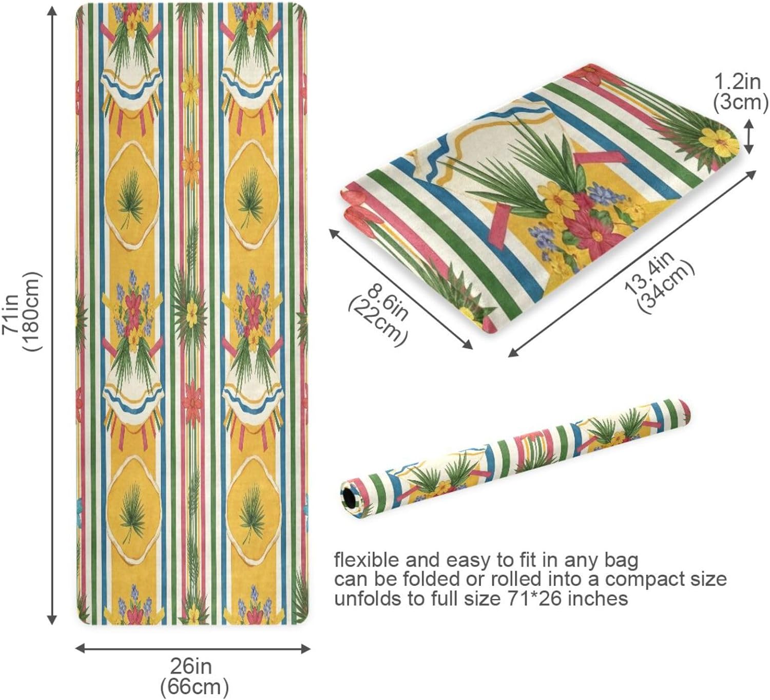 Foldable Yoga Mat | Portable Non-Slip Travel Exercise Mat with Colorful Floral & Stripe Design